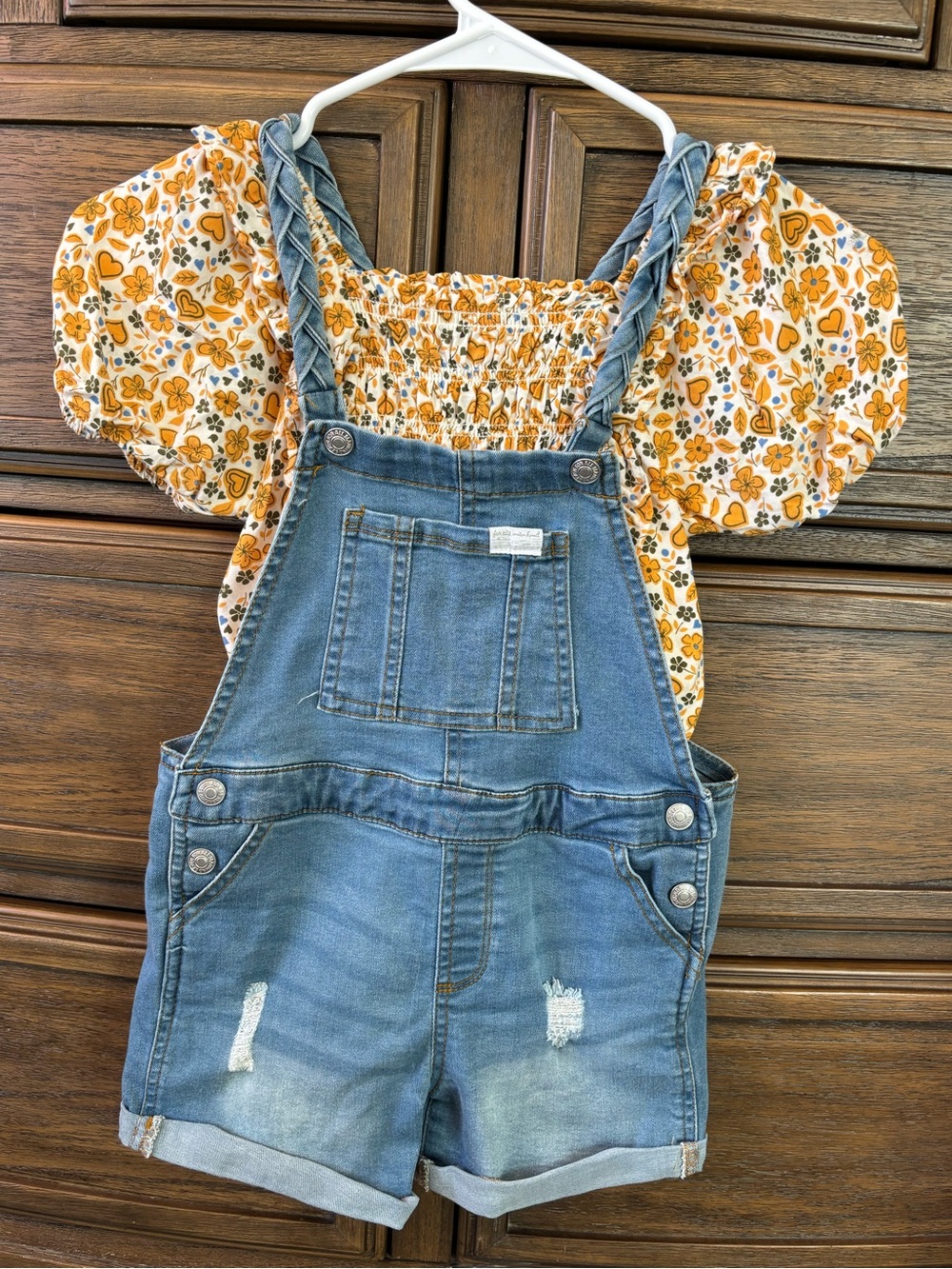 Unbranded Kids Blue Denim Shortalls with Yellow Floral Top